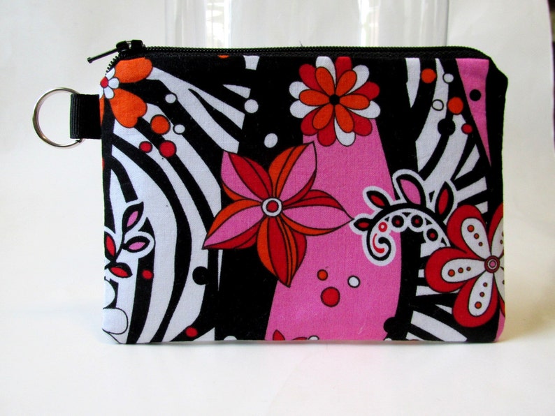 Pink Black Orange Ready to ship! Red Wild Zebra Print with flowers White Handmade Small pouch with zipper and key ring