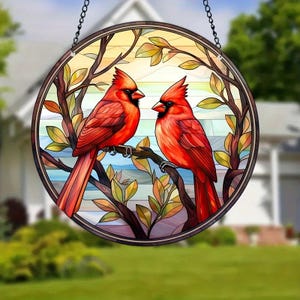 Kardinal Glasmalerei Suncatcher zum Fenster Aufhängen, Vogel Liebhaber Geschenk, Home Decor, Weihnachten Ornament, handgemachte Glaskunst Dekoration