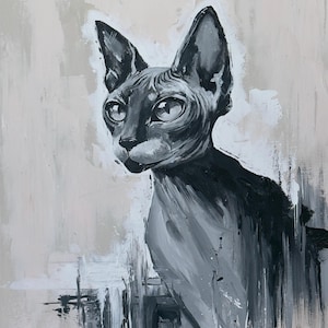 Peinture acrylique originale de chat Sphynx - Art noir et blanc minimaliste moderne sur toile - Cadeau unique pour les amoureux des chats par Nataliia Savchenko