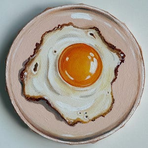 Realistic Fried Egg Mini Painting — Round Acrylic Wall Art for Kitchen Decor or Food Lovers (6&quot; / 15 cm)