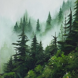 Emerald Forest Acrylic Painting: Misty Green Nature Wall Art 16x20&quot;
