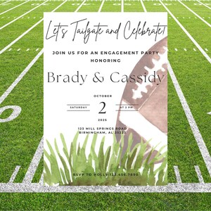 Puede incluir: Una tarjeta de invitación blanca con acentos de acuarela verde y marrón. El texto en la tarjeta dice "Let's Tailgate and Celebrate!"  Únete a nosotros para una fiesta de compromiso en honor a Brady & Cassidy.  2 de octubre de 2025 a las 2 PM. 123 Mill Springs Road, Birmingham, AL 35223. RSVP a Holly 123.456.7890.