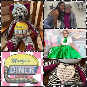 Puede incluir: Un oso de peluche con pelaje de rayas de cebra en blanco y negro, una diadema azul claro y almohadillas moradas. El oso tiene un parche que dice Marge's Diner Open y un parche en forma de coraz&oacute;n con el texto Once my clothes. Now your bear.