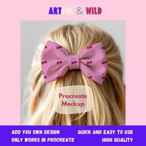 May include: A pink bow with a cherry print for hair. The bow is tied in a knot and is sitting on top of a person's head. The text "Procreate Mockup" is written on the image.