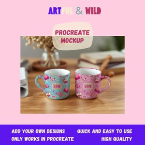 May include: Two coffee mugs with a Valentine's Day theme. One mug is blue with a white and pink pattern and the other mug is pink with a white and blue pattern. Both mugs have the word "LOVE" printed on them.