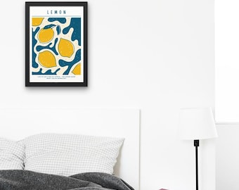 Yellow Blue Modern Illustrated Lemon Wall Art for Framing or Canvas Printing Vibrant Lemon Decor Tropical Fruit Printable Wall Art Poster