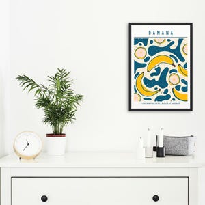 Póster de arte de pared con plátano amarillo y azul para enmarcar o imprimir en lienzo, decoración ilustrativa de frutas para la cocina o la habitación de los niños