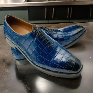Handmade Men&#39;s Blue Oxford Leather Shoes – Genuine Leather Dress & Formal Boots