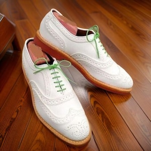 Handmade Men’s Leather Oxford Shoes – White Suede with Brogue Toe