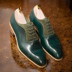 Handmade Men&#39;s Sea Green Leather & Suede Oxford Shoes – Elegant and Stylish