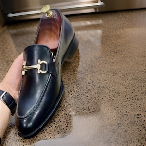 Handmade Men Black Leather Bit Loafer Shoes, Peas Shoes, Casual Loafer Shoes