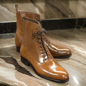 Handmade Men&#39;s Leather Oxford Boots – High Ankle, Lace-Up, Toe-Cap Dress Boots