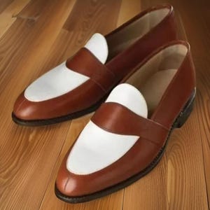 Handmade Men&#39;s White & Brown Penny Loafer – Genuine Leather