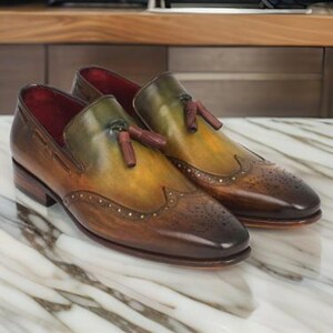 Handmade Men&#39;s Paul Parkman Cowhide Tassel Loafers Green