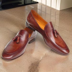 Men’s Handmade Tassel Loafers – Brown Hand-Painted Leather