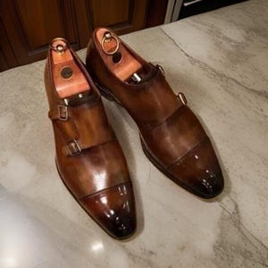 Handmade Brown Leather Double Monk Strap Toe Cap Dress Shoes