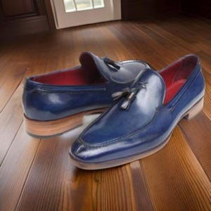 Men&#39;s Handmade Leather Tassel Loafers – Blue Hand-Painted