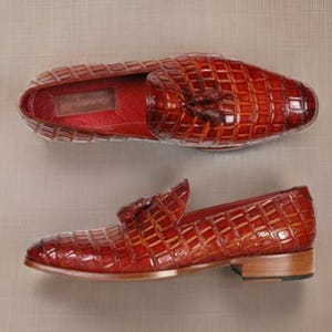 Handmade Men&#39;s Brown Leather Loafers  Paul Parkman Style with Tassels
