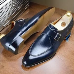 Handmade Men&#39;s Leather Monk Strap Dress Shoes – Navy Blue