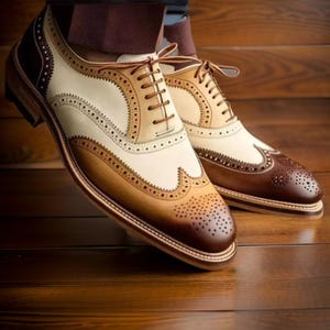 Handmade Brown & Beige Leather Wingtip Brogue Oxfords for Men