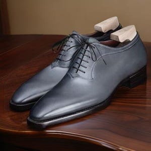 Men&#39;s Handmade Gray Leather Wholecut Oxford Shoes – Premium Quality