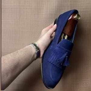 Men’s Handmade Blue Suede Leather Tassel Loafers
