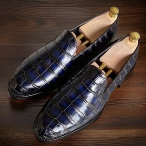 Handmade Mens Blue embossed print dress shoes moccasins Loafer