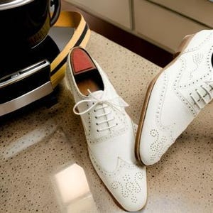 Handmade Men&#39;s White Leather Brogue – Premium Wedding & Party Shoes