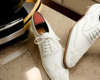 Handmade Men's White Leather Brogue – Premium Wedding & Party Shoes