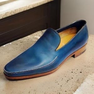 Handmade Men&#39;s Blue Leather Loafers - Moccasin Style | Formal Dress Slip-On Shoes