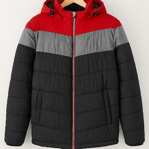Men&#39;s Color Block Puffer Jacket – Red, Grey & Black Winter Coat – Warm Quilted Hooded Jacket for Men