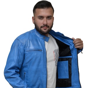 Men&#39;s Stylish Blue Leather Jacket - Genuine Leather Motorcycle Biker Coat
