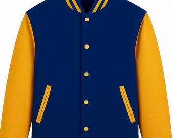 May include: A blue and gold varsity jacket with a button-up front, two front pockets, and striped cuffs and hem. The jacket has gold sleeves and a blue body, with gold stripes on the collar.