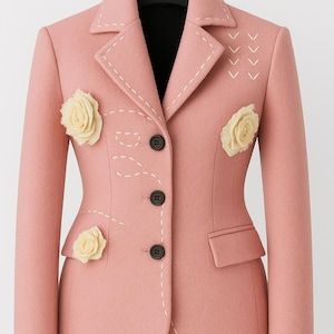 Handmade Pink Floral Blazer | Embroidered Stitch Detail Jacket | Unique Women’s Statement Blazer | Elegant Rose Applique Suit Jacket