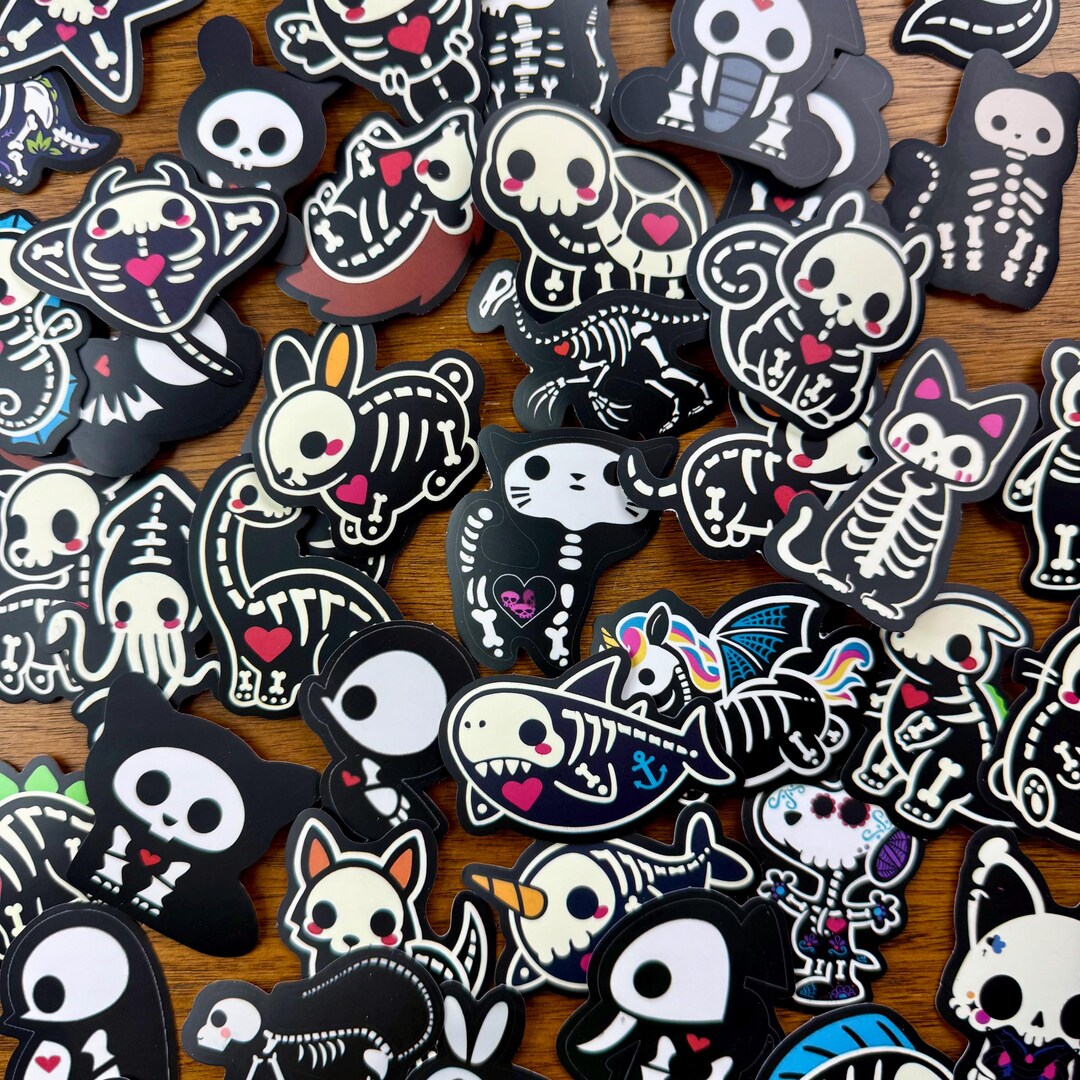 10 Random Black White Cartoon Animals Skeleton Skull Stickers Diary ...