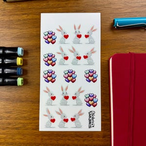 Vanentine Rabbits with Hearts Sticker Sheet - diary stickers / journaling stickers / cute stickers / sticker set / Junk Journaling