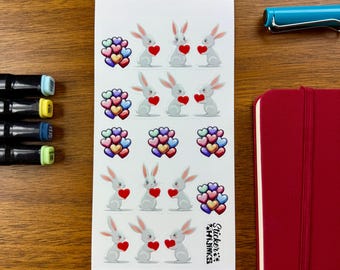 Vanentine Rabbits with Hearts Sticker Sheet - diary stickers / journaling stickers / cute stickers / sticker set / Junk Journaling