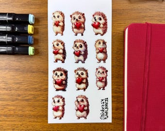 Vanentine’s Day Hedgehog Sticker Sheet - diary stickers / journaling stickers / cute stickers / sticker set / Junk Journaling
