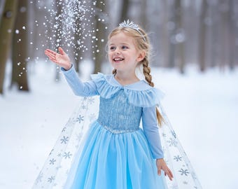 Frozen Princess Dress for Girls | Elsa Costume with Sheer Cape | Birthday Party, Halloween, Christmas Gift