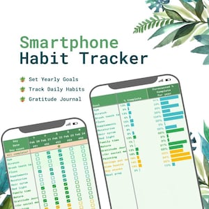 Peut inclure: Une interface d'application pour smartphone permettant de suivre les habitudes quotidiennes et de fixer des objectifs annuels. L'application présente un schéma de couleurs vert et blanc avec des cases à cocher pour suivre les progrès. L'application comprend également une section pour un journal de gratitude.