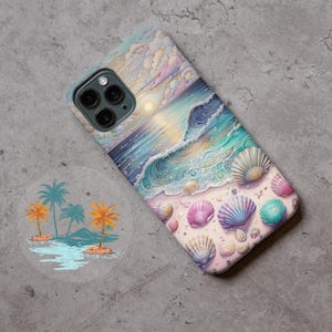 Bonita funda para teléfono con conchas marinas y olas del océano / Funda estética playera para iPhone o Samsung / Accesorio costero de verano