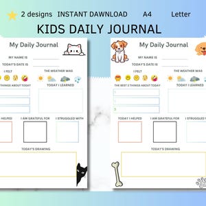 Peut inclure: Journal quotidien pour enfants imprimable en deux pages, avec des illustrations de chats et de chiens. Chaque page comprend des sections pour le nom, la date, les sentiments, la météo et les réflexions quotidiennes. Format A4 et Lettre.