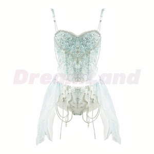 Aqua Fairy 2PC Rave Outfit, Corset Party Dress, Festival Outfit, Handmade Crystal Gems Bra Set, Personalized EDM Clothing for Women
