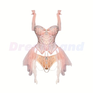 Ballet Girl 2PC Rave Outfit, Pink Corset Party Dress, Festival Outfit, Handmade Crystal Gems Bra Set, Personalized EDM Clothing for Women