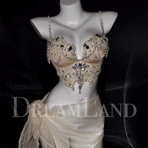 Golden Fantasty 3PC Rave Outfit, Party Dress, Festival Outfit, Handmade Crystal Gems Bra Set, Personalized EDM Clothing for Women