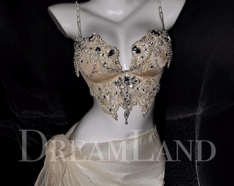 Golden Fantasty 3PC Rave Outfit, Party Dress, Festival Outfit, Handmade Crystal Gems Bra Set, Personalized EDM Clothing for Women