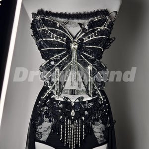 Distant Shimmer 3PC Rave Outfit, Party Dress, Festival Outfit, Handmade Crystal Gems Bra Set, Personalized EDM Clothing for Women