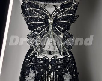 Distant Shimmer 3PC Rave Outfit, Party Dress, Festival Outfit, Handmade Crystal Gems Bra Set, Personalized EDM Clothing for Women