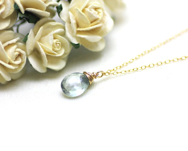 Modern Comfortable Jewelry by Azki Gift for Woman Light Smoky Blue Quartz Gemstone Pendant Necklace on Gold Minimal