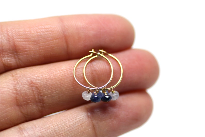 Light Comfortable Minimal Feminine Everyday September Birthstone Sapphire Hoop Earrings in Gold Filled Natural Ombr\u00e9 Blue Gemstones